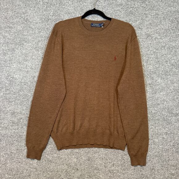 Polo Ralph Lauren Sweater Mens Medium Brown Crewneck Wool Knit Red Pony Pullover - Picture 3 of 10